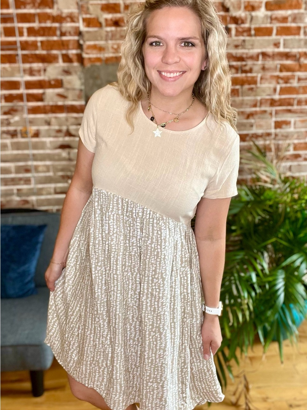 Cream Short Sleeve Textured Babydoll Dress